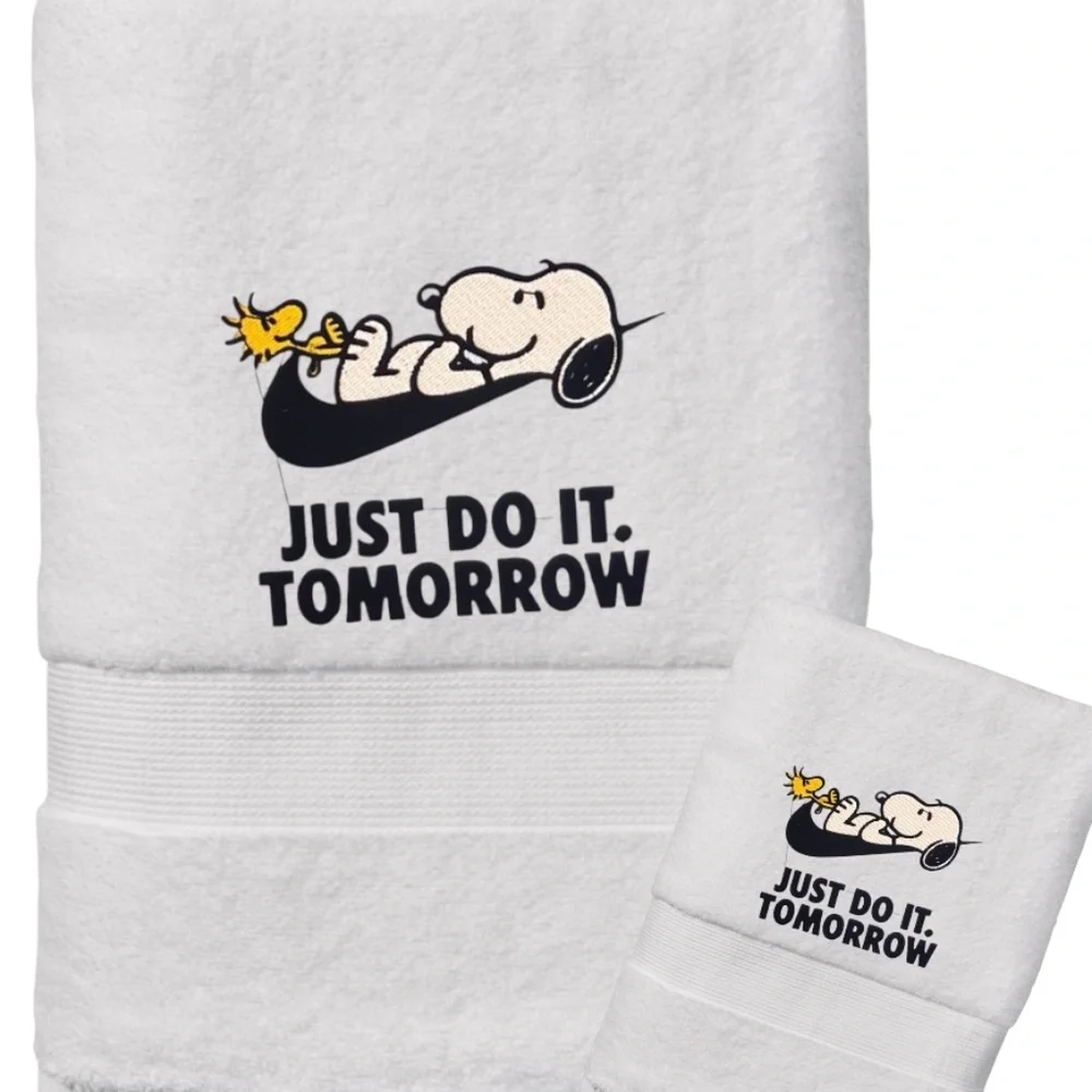 Set Embroidered Snoopy Peanuts Hand and Bath towel Just do it tomorrow